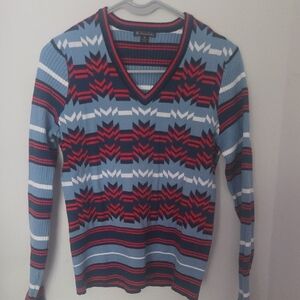 Brooks Brothers Blue and Red Patterned V-Neck Sweater